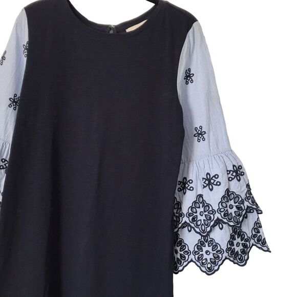 Loft Dress Womens Size S Navy Blue Embroidered Eyelet 3/4 Bell Sleeve Shift Boho - Picture 5 of 12